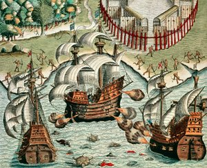 Slag tussen de Fransen en Portugezen bij Buttugar door Theodore de Bry