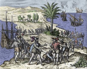 Christoffel Columbus en zijn broer werden gearresteerd door Francisco de Bobadilla in 1500. Gravure door Théodore de Bry (1528-1598). door Theodore de Bry