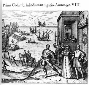 Christoffel Columbus en de Pinzon-broers verlaten de haven van Palos in Spanje op 03/08/1492 naar de Nieuwe Wereld. Rechts de koning en koningin van Portugal, katholiek Ferdinand II van Aragon en Isabella I van Castilië. Gravure door Theodore de Bry in "Ad door Theodore de Bry