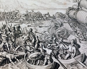 Botsing tussen inheemse Indianen en Spaanse troepen, gravure uit Historia Americae, door Theodor de Bry, Frankfurt door Theodore de Bry