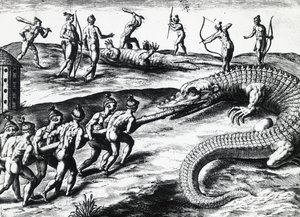 Krokodillenjacht in Florida, naar schilderij van Jacques le Moyne de Morgues, door Theodor de Bry, gravure door Theodore de Bry