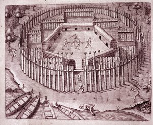 Verdedigingssysteem van de indianenhutten door een dubbele rij boomstammen eromheen te planten. De afgehakte hoofden van vijanden worden bovenop geplaatst (Gravure) door Theodore de Bry