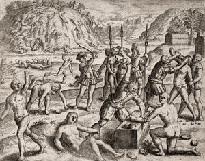 Beschrijving van misdaden begaan tegen Indianen door Spaanse kolonisten - Conquistadores die een Indiaans dorp afslachten. Amputaties van handen - Gravure door Theodore de Bry in "Narratio regionum indicarum per Hispanos quosdam devastatarum verissima" doo door Theodore de Bry