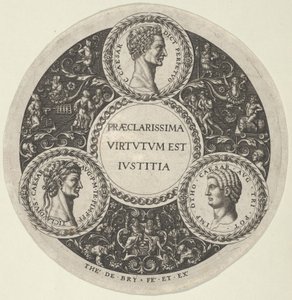 Ontwerp voor een schaal met portretten van de Romeinse keizers Caesar, Claudius en Otho, ca. 1588 door Theodore de Bry