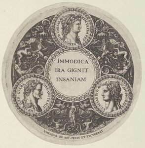 Ontwerp voor een schaal met portretten van de Romeinse keizers Nero, Galba en Caligula, ca. 1588 door Theodore de Bry