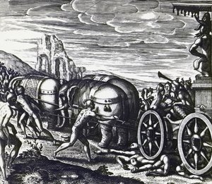 Toegewijden worden verpletterd door wagen tijdens processie van idool, door Theodor de Bry, gravure door Theodore de Bry