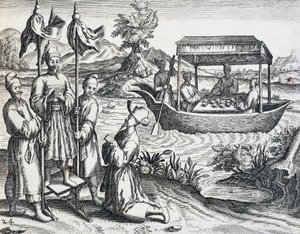 Straat van hoogwaardigheidsbekleders, uit reis ondernomen door Jan Huyghen van Linschoten (1563-1611) tussen 1583 en 1592, gravure uit India Orientalis door Theodor de Bry (1528-1598), China door Theodore de Bry