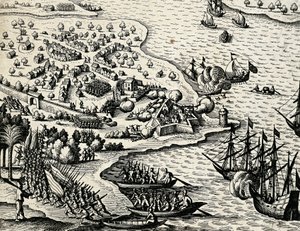 Nederlandse expeditie langs de kust van Mozambique, gravure uit India orientalis door Theodore de Bry