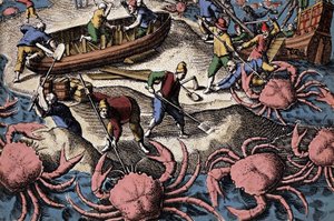 Europese zeevaarders vechten tegen grote krab. Gravure uit "Petities voyages aux Indes Orientales" door Theodore de Bry door Theodore de Bry