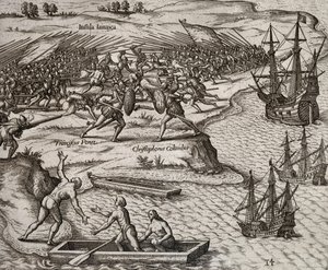Gevecht tussen Christoffel Columbus en Francesco Poresio in Jamaica, gravure door Theodor de Bry (1528-1598) door Theodore de Bry