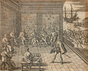 Francesco Pizarro bereidt zich voor op zijn expeditie naar Zuid-Amerika door Theodore de Bry