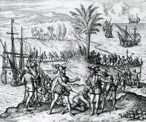 Francisco de Bobadilla arriveert als Gouverneur en arresteert Christoffel Columbus (1451-1506) in Hispaniola, 1500, 1590 door Theodore de Bry