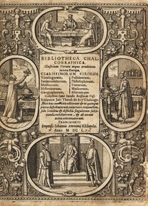 Frontispice met vignetten van wetenschappers binnen kaders door Theodore de Bry