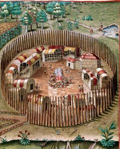 Geschiedenis van Amerika: "Voorstelling van de versterkte stad Pomeiock of Pomeiooc in Virginia in 1585" Gravure uit "Admirante Narratio Americae" door Theodore de Bry (1528-1598) door Theodore de Bry