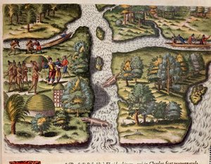 Geschiedenis van Amerika: de Fransen van de expeditie van Jean Ribault vestigen zich in Charlesfort en voorzien de Indianen van Florida van voedsel. Alligators zijn afgebeeld in de rivieren. Gravure uit 