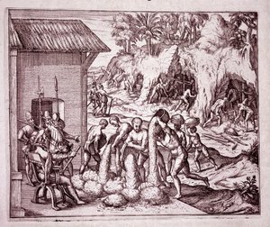 Geschiedenis van Amerika: de Spanjaarden exploiteren de goudmijnen (Gravure) door Theodore de Bry