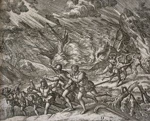 Orkaan laat de Santa Maria zinken, karveel van Christoffel Columbus door Theodore de Bry