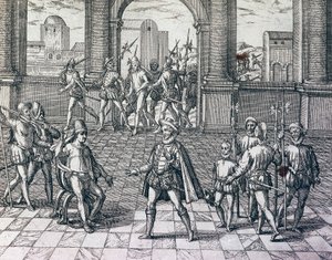 Inca-keizer Atahualpa wordt gevangengenomen door Spanjaarden in Cajamarca, Peru, gravure uit American History door Theodore de Bry, Frankfurt door Theodore de Bry