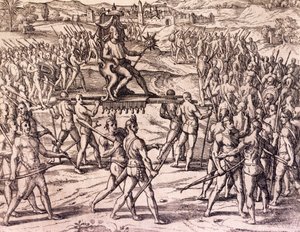Inca-keizer Atahualpa verslagen door Spaanse troepen van Francisco Pizarro, Peru, gravure uit American History door Theodore de Bry