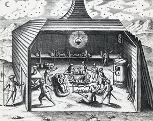 Interieur van het winterhuis van William Barents op de Russische archipel Novaya Zemlya, gravure door Theodore de Bry