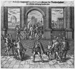 Koning Atahualpa (ca.1502-33) onderhandelt over zijn losgeld met Francisco Pizarro, 1533