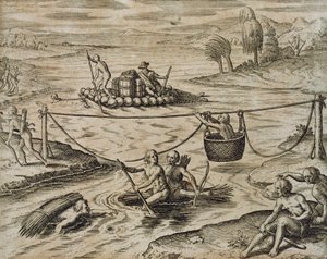 Inheemse Amerikaanse Indianen die rivierstromen afvaren