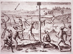 Inheemse Amerikanen oefenen hardlopen, pijlschieten en balwerpen, Florida (Gravure) door Theodore de Bry