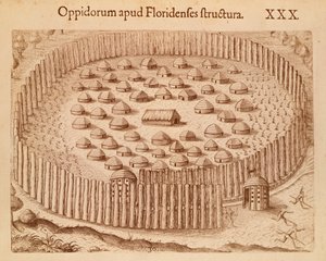 Inheems dorp in Florida, illustratie uit The Discourse of Florida door Theodore de Bry