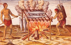 Hoe Indianen Vis Koken, Illustratie uit Admiranda Narratio door Theodore De Bry door Theodore de Bry