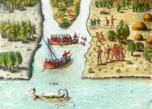 Navigatie van de Fransen in Zuid-Amerika in de 16e eeuw. Een walvis is afgebeeld. Gravure uit 