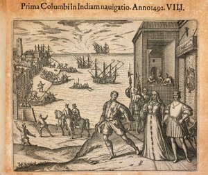 Koningin Isabel en koning Ferdinand begroeten het vertrek van Christoffel Columbus in Palos, Spanje, gravure door Theodor de Bry