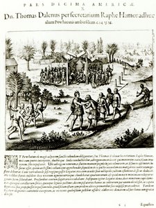 Ralph Hamor bezoekt Powhatan, 1619 door Theodore de Bry