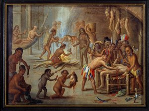 Scène van kannibalisme in Brazilië in 1644 De Indianen aten hun vijanden en gevangenen op