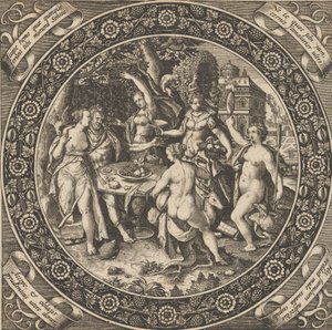 Scène met een liefdesfeest in een cirkel in het midden door Theodore de Bry