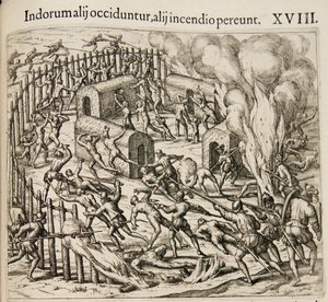 Sommige indianen worden gedood, sommigen sterven in een brand. Uit: Americae pars quarta