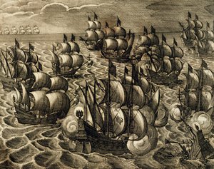 Spaanse Armada onder bevel van Rodrigo Mendoza, gravure door Theodore de Bry, uit History of America, Spanje, 1602 door Theodore de Bry