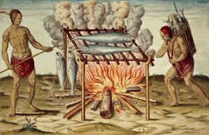 Taino inboorlingen koken vis, kleurgravure door Theodor de Bry, naar schilderij van John White, uit Kort en waar verslag van nieuw gevonden land van Virginia door Theodore de Bry