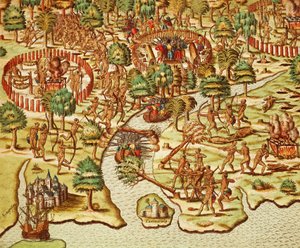 Technieken van belegering en aanval, gravure door Theodor de Bry, uit Americae tertia pars