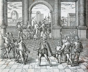 De Inca koning Atahualpa gevangen genomen door Spanjaarden in Cajamarca, Illustratie uit Amerikaanse Geschiedenis door Theodore de Bry