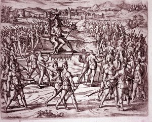 De Inca-koning, Atahualpa (of Atabaliba), met een scepter in de vorm van een zon, wordt op een draagstoel gedragen om Francisco Pizarro te ontmoeten (gravure) door Theodore de Bry