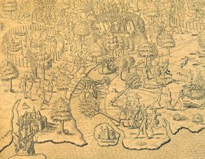 De Portugezen dringen het binnenland binnen en worden aangevallen door een lokale stam door Theodore de Bry