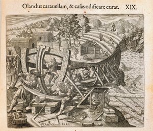 De Spanjaarden bouwen hun eerste schip in de Nieuwe Wereld, gravure door Theodor de Bry uit Americae pars quarta, sive, Insignis et admiranda historia de reperta primum Occidentali India Christophoro Columbo, door Girolamo Benzoni door Theodore de Bry