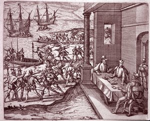 De Spaanse conquistadores Francisco Pizarro, Diego de Almagro en Hernando de Luque bundelden hun krachten om Peru te veroveren door Theodore de Bry