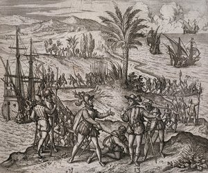 De arrestatie van Christoffel en Bartholomeus Columbus op bevel van Francisco de Bodadilla door Theodore de Bry