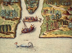 De aankomst van de Fransen, gravure door Theodore de Bry, uit The Discourse of Florida