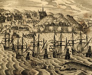 Uitzicht op de haven van Acapulco in Mexico, gravure uit Historia Americae, door Theodor de Bry, Frankfurt door Theodore de Bry