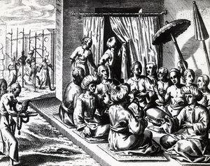 Huwelijksceremonie in Bantam, Java-eiland, gravure door Theodore de Bry