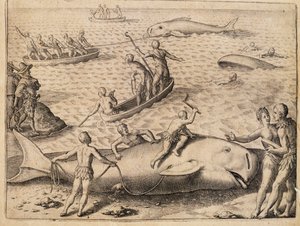 Walvisvangst bij Spitsbergen, gravure door Theodor de Bry uit India Orientalis