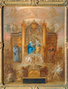 De alliantie van Lodewijk XIV en Filips IV van Spanje. Allegorische voorstelling van de Vrede van de Pyreneeën ...