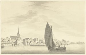 Het dorp Gouderak met op de voorgrond een zeilend schip door Theodorus Cornelis Schutter